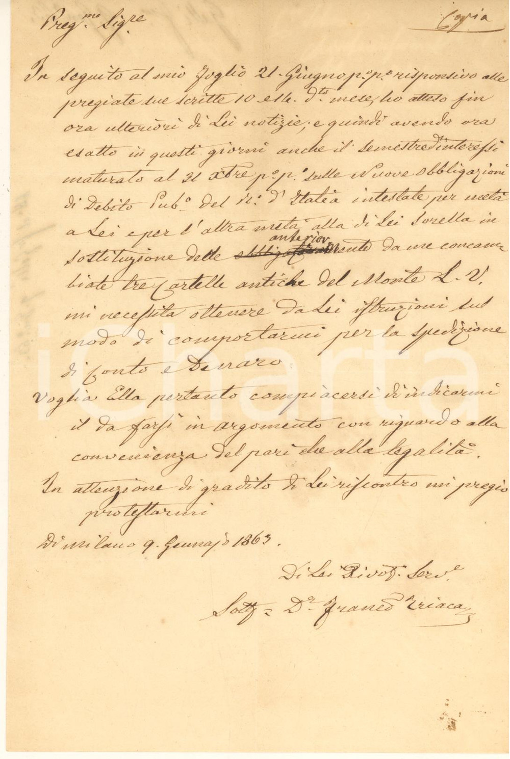 1863 MILANO Lettera avv. Francesco TRIACA - Spedizione conto e denaro *Autografo Lettera autografa dell'avvocato Francesco Triaca, in forma di bozza.PAGINE: 1 FAIR/discreto piegature d'epoca Formato: 12x20 cm originale e autentica 1