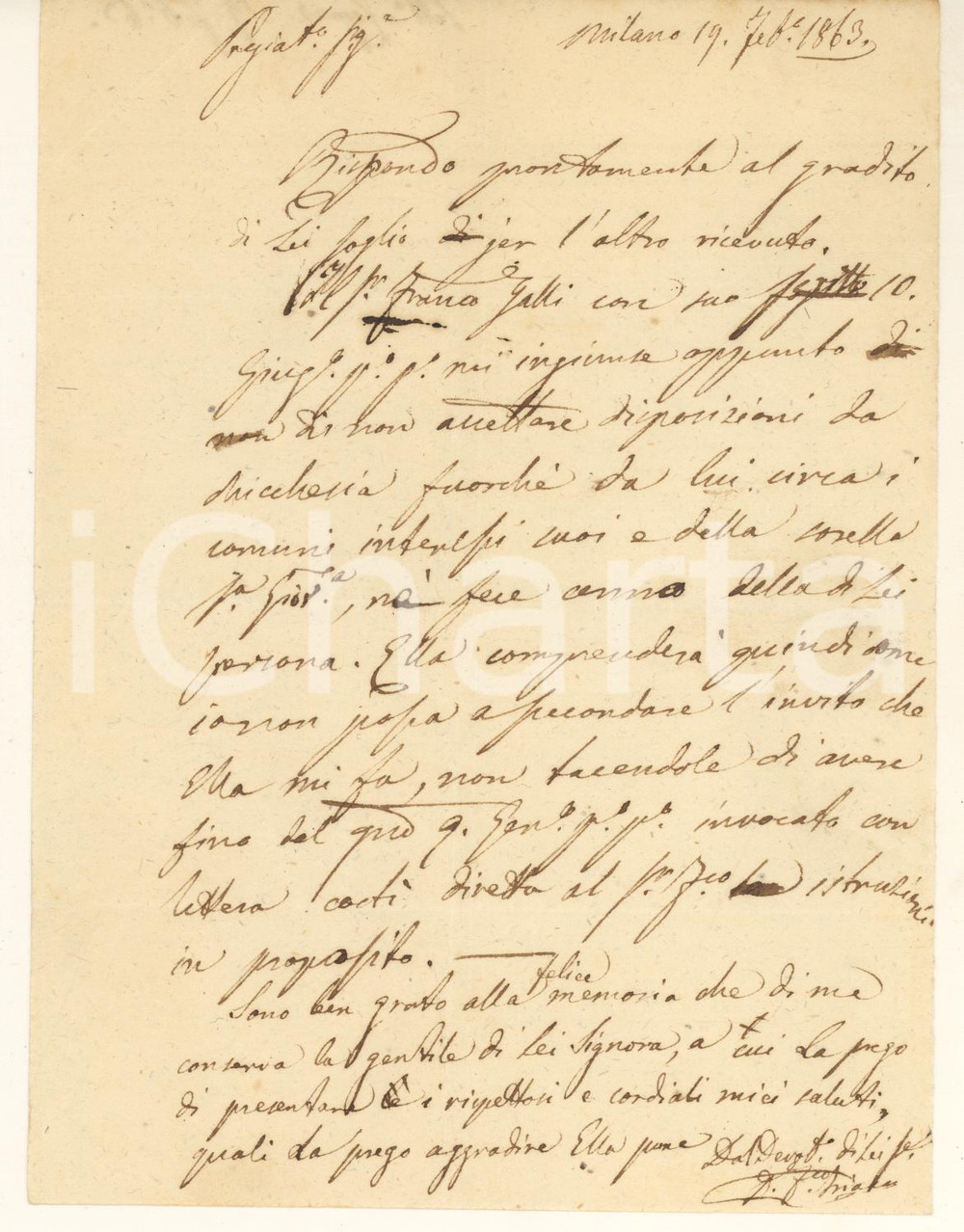 1863 MILANO Lettera avv. Francesco TRIACA - Interessi Francesco GALLI *Autografo Lettera autografa dell'avvocato Francesco Triaca, in forma di bozza.PAGINE: 1 FAIR/discreto piegature d'epoca Formato: 12x20 cm originale e autentica 1