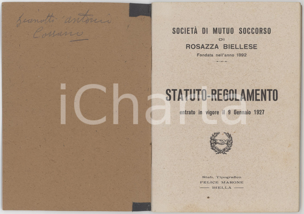 Libro, pubblicazione d epoca 1927 ROSAZZA BI SocietÃ  di Mutuo Soccorso  Statuto e regolamento 48 pp. 1