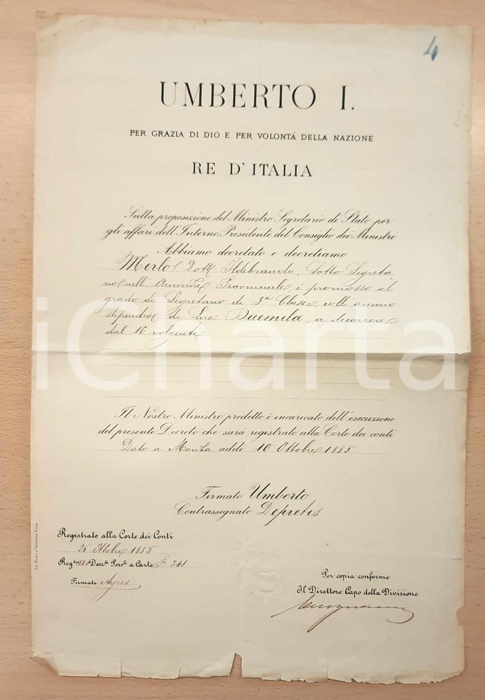 Documento originale, autentico 1885 MONZA Ildebrando MERLO nominato segretario terza classe *Decreto 1