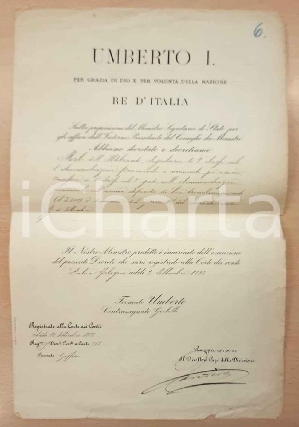 Documento originale, autentico 1892 FOLIGNO (PG) Ildebrando MERLO consigliere provinciale *Decreto 1