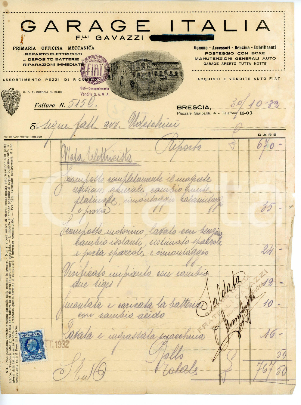 1932 BRESCIA Garage ITALIA F.lli Gavazzi - Fattura 21x28 cm (1) Fattura d'epoca. FAIR/discreto Piegature d'epoca, bruniture, lievi pieghe ai margini Formato: 21x28  cm originale e autentica 1