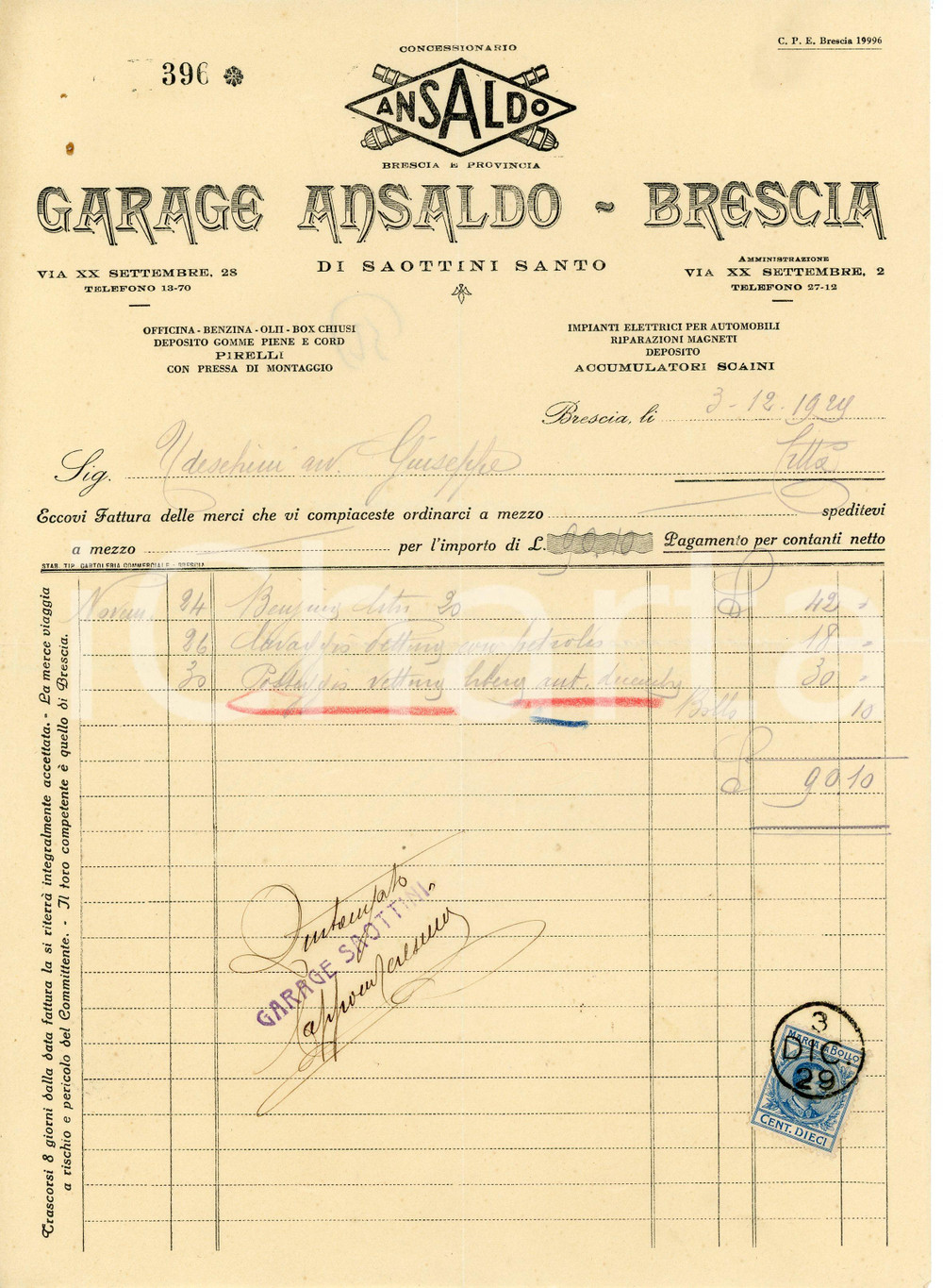 1929 BRESCIA Garage Ansaldo di Santo SAOTTINI Fattura 20x27 cm Fattura d'epoca. FAIR/discreto Piegature d'epoca, forellini e macchie al margine superiore Formato: 20x27  cm originale e autentica 1