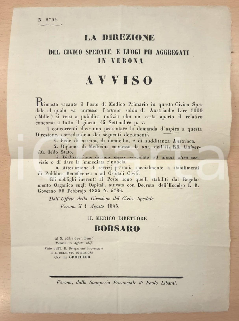1845 VERONA Civico Spedale - Avviso di concorso per medico primario 25x34 cm Documento a stampa, originale d'epoca. FAIR/discreto piegature d'epoca Formato: 25x34 cm originale e autentica 1