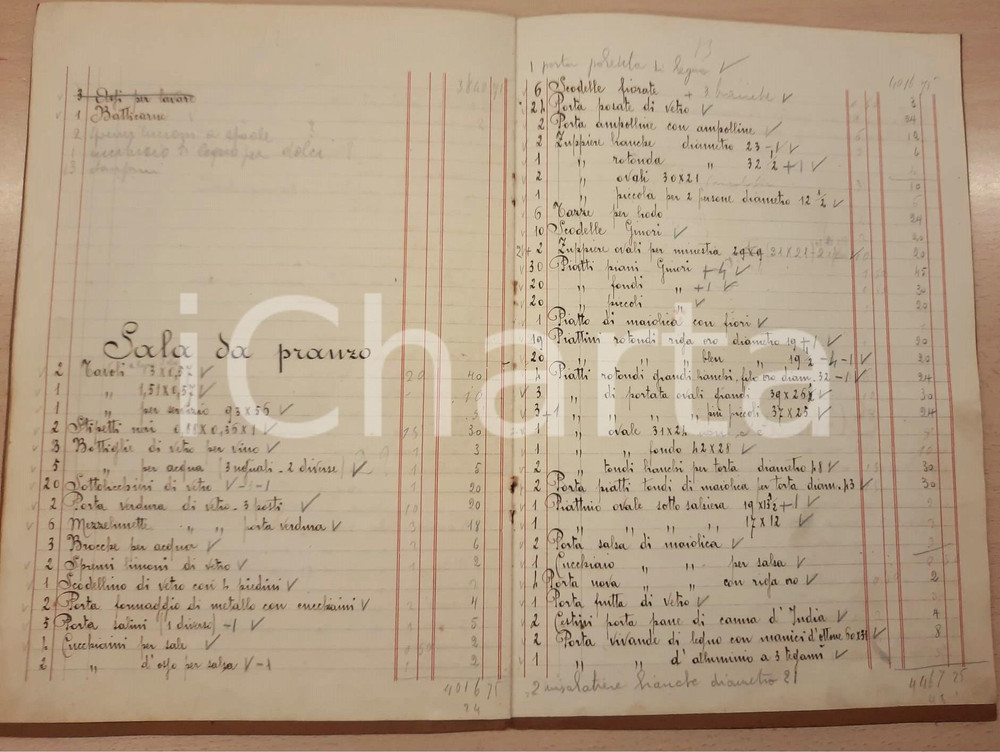 1935 s. l. Scuola Economia "L. FACCHINELLI" - Inventario manoscritto 24 pp. Registro manoscritto, originale d'epoca, contenente l'inventario dei beni di una scuola non più esistente e non localizzata.L'inventario dettaglia la presenza degli oggetti sala per sala: sala studio, cucina, sala da pranzo e armadi.PAGINE: 24 (6 bianche) FAIR/discreto piegature d'epoca e piccole tracce di ruggine Formato: 22x31 cm originale e autentica 1