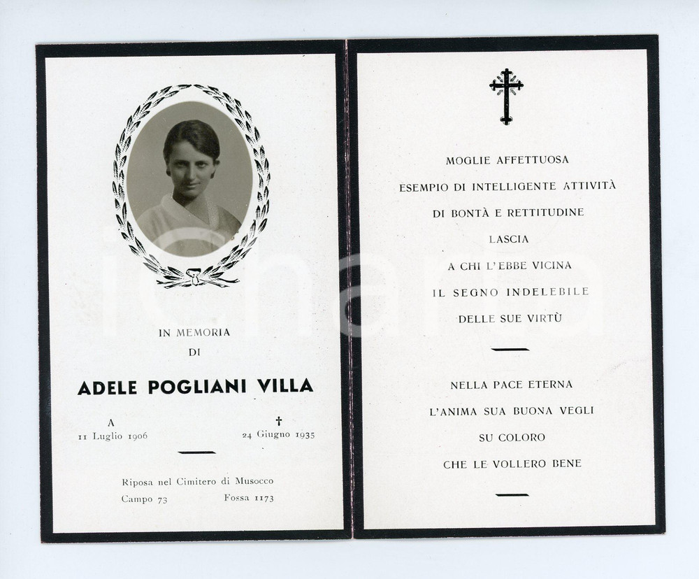 1935 MILANO Cimitero di MUSOCCO In memoria di Adele POGLIANI VILLA Santino Santino illustrato d'epoca.  FAIR/discreto Lievi smussature agli angoli Formato: 7x11 cm originale e autentica 1
