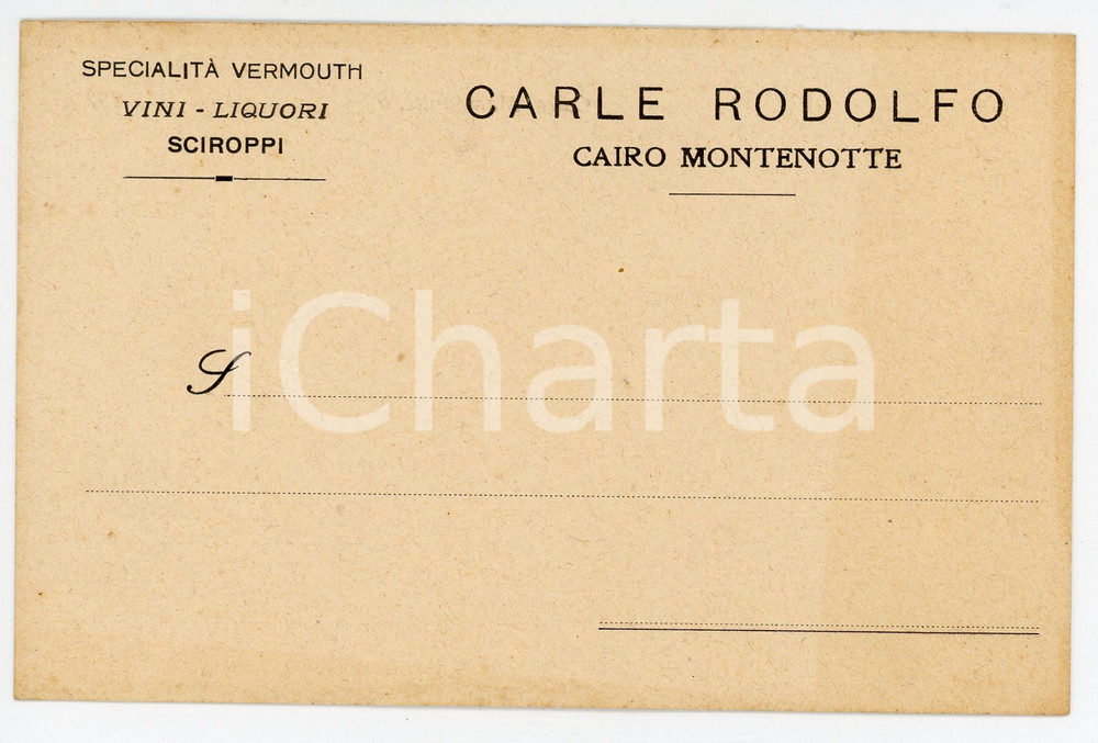 1920 ca CAIRO MONTENOTTE Rodolfo CARLE Vermouth e liquori *Cartolina commerciale Cartolina commerciale d'epoca, non compilata. FAIR/discreto Lievi bruniture Formato: 14x9 cm originale e autentica 1
