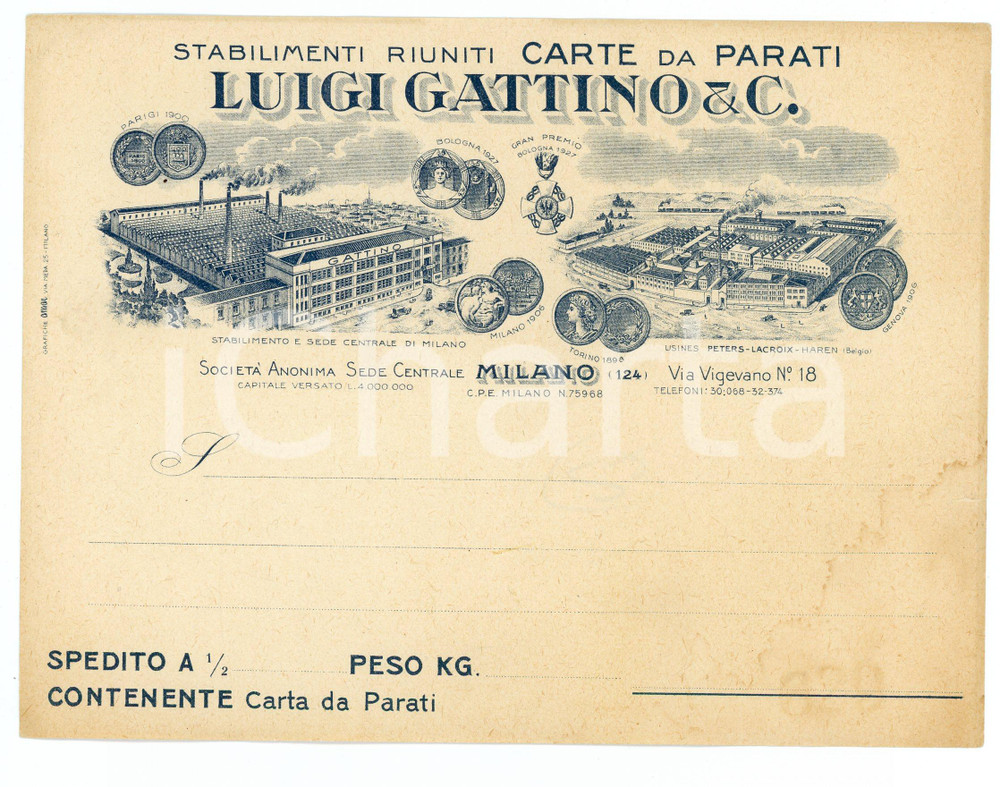 1920 ca MILANO Luigi GATTINO Stabilimento carte da parati - Etichetta spedizioni Etichetta d'epoca per spedizioni, non compilata. POOR/danneggiato Lievi bruniture, piccolo strappo al margine destro, alone all'angolo inferiore destro Formato: 18x14  cm originale e autentica 1