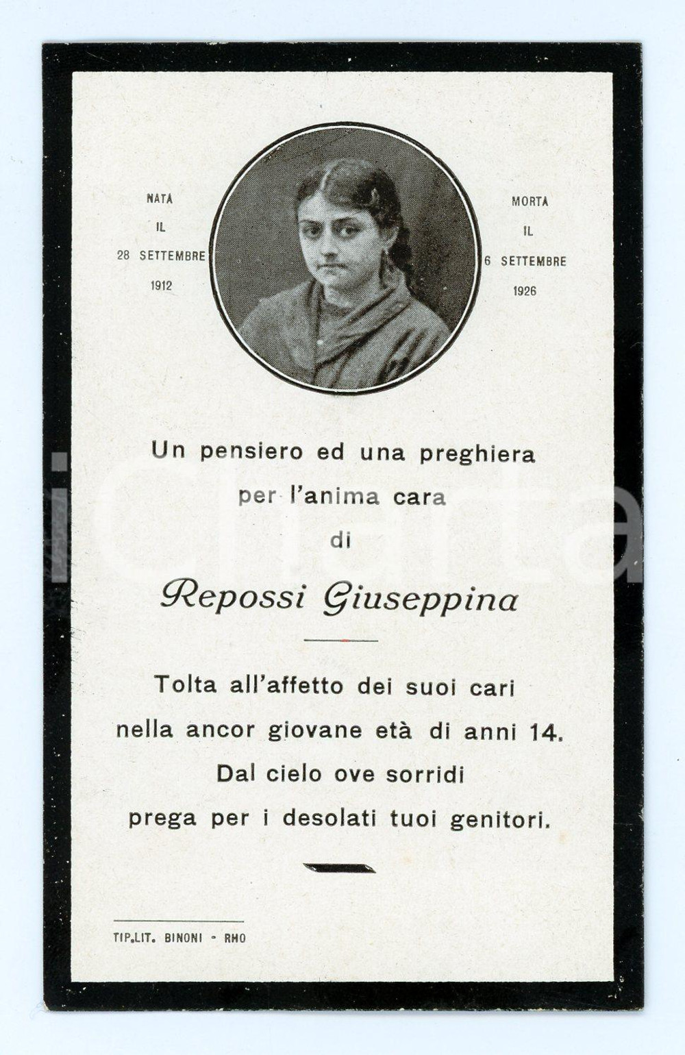 1926 RHO In memoria di Giuseppina REPOSSI Santino illustrato 7x11 cm Santino illustrato d'epoca.  FAIR/discreto Lievi smussature agli angoli Formato: 7x11 cm originale e autentica 1