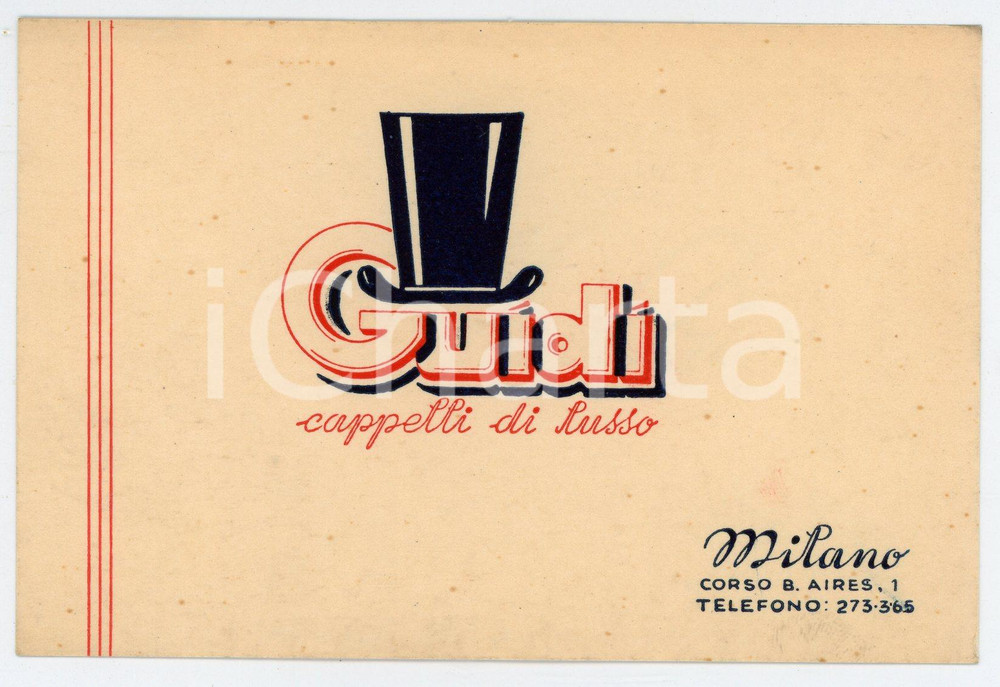 1950 ca MILANO Corso Buenos Aires 1 - Cappelli di lusso GUIDI Biglietto Biglietto illustrato d'epoca. FAIR/discreto Lievi smussature agli angoli, piccole bruniture Formato: 13x9 cm originale e autentica 1