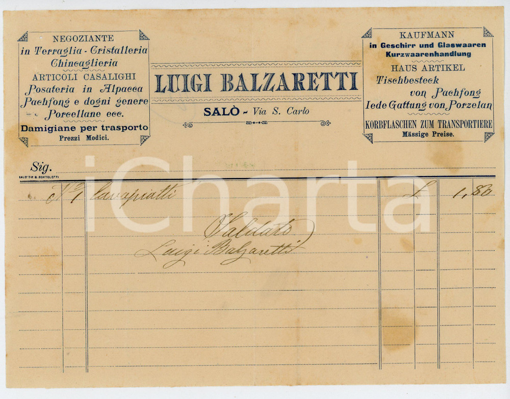 1925 ca SALÒ Articoli casalinghi Luigi BALZARETTI Fattura per lavapiatti Fattura d'epoca. FAIR/discreto Bruniture diffuse, piegature d'epoca, forellini all'angolo superiore sinistro Formato: 21x16 cm originale e autentica 1