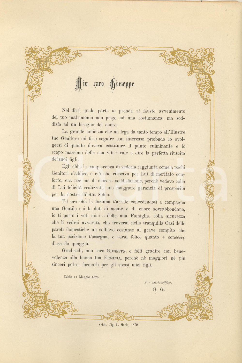 Documento originale, autentico 1879 SCHIO VI Lettera per le nozze di Giuseppe ed Erminia Tipi MARIN 1