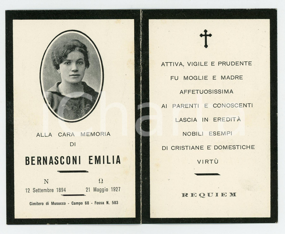 1927 MILANO Cimitero di MUSOCCO In memoria di Emilia BERNASCONI Santino Santino illustrato d'epoca.  FAIR/discreto Lievi smussature agli angoli Formato: 7x11 cm originale e autentica 1