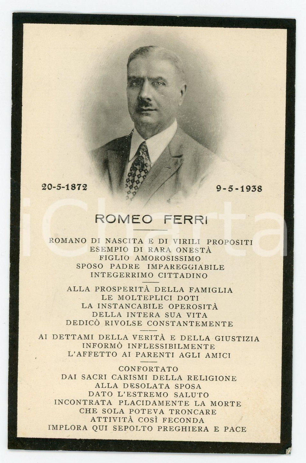 1938 ITALIA In memoria di Romeo FERRI Santino illustrato 7x11 cm Santino illustrato d'epoca.  FAIR/discreto Lievi smussature agli angoli Formato: 7x11 cm originale e autentica 1