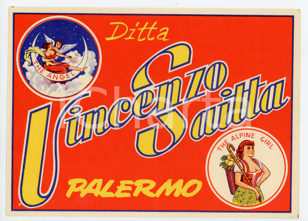 1960 ca PALERMO Ditta Vincenzo SAITTA Etichetta illustrata 24x17 cm Etichetta illustrata d'epoca. FAIR/discreto Piegatura centrale d'epoca, piegature agli angoli, forellino all'angolo inferiore sinistro Formato: 24x17 cm originale e autentica 1