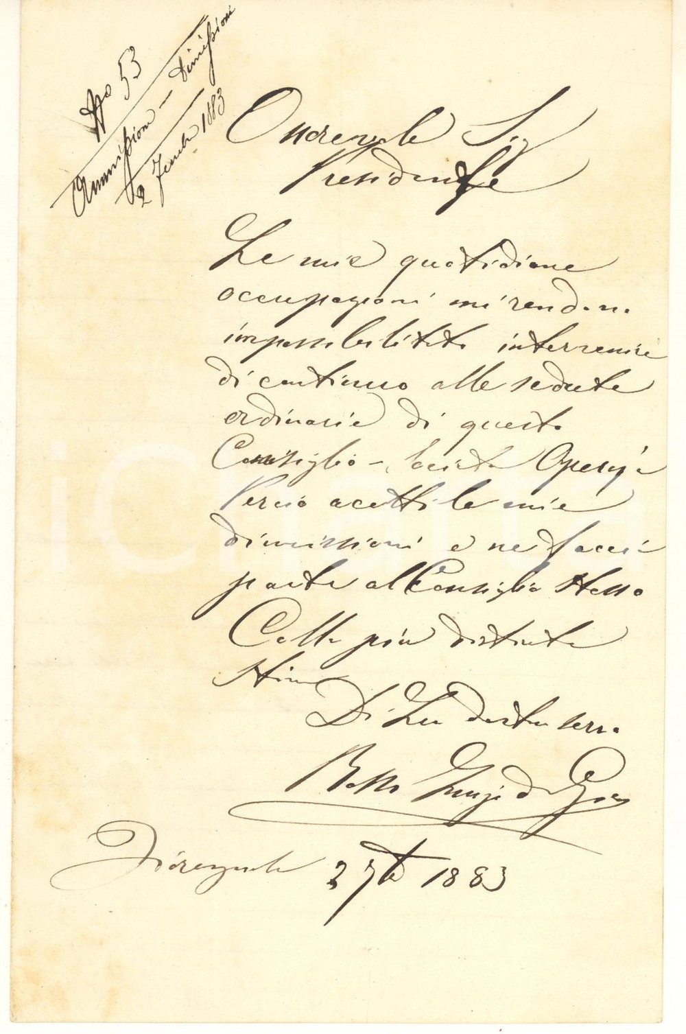 1883 FIORENZUOLA D'ARDA - Società Operaia - Dimissioni Luigi ROSSI consigliere Lettera manoscritta, originale d'epoca, nella quale il consigliere della locale Società Operaia si dimette per via degli impegni personali.PAGINE: 4 (1 scritta) FAIR/discreto piegature d'epoca Formato: 13x21 cm originale e autentica 1
