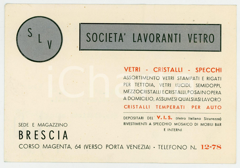 1958 BRESCIA Società Lavoranti Vetro SLV Cristalli e specchi - Ricevuta Biglietto d'epoca.Al verso testo dattiloscritto e bollo.  FAIR/discreto lievi bruniture, forellini all'angolo superiore destro Formato: 15x10 cm originale e autentica 1