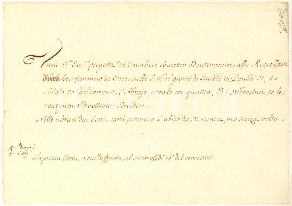 1750 ca CARNEVALE MILANO Invito alle Regie Feste di ballo in maschera Invito manoscritto, originale d'epoca, per le feste da ballo in maschera riservate alla nobiltà milanese. GOOD/buono minima abrasione marginale Formato: 25x18 cm originale e autentica 1