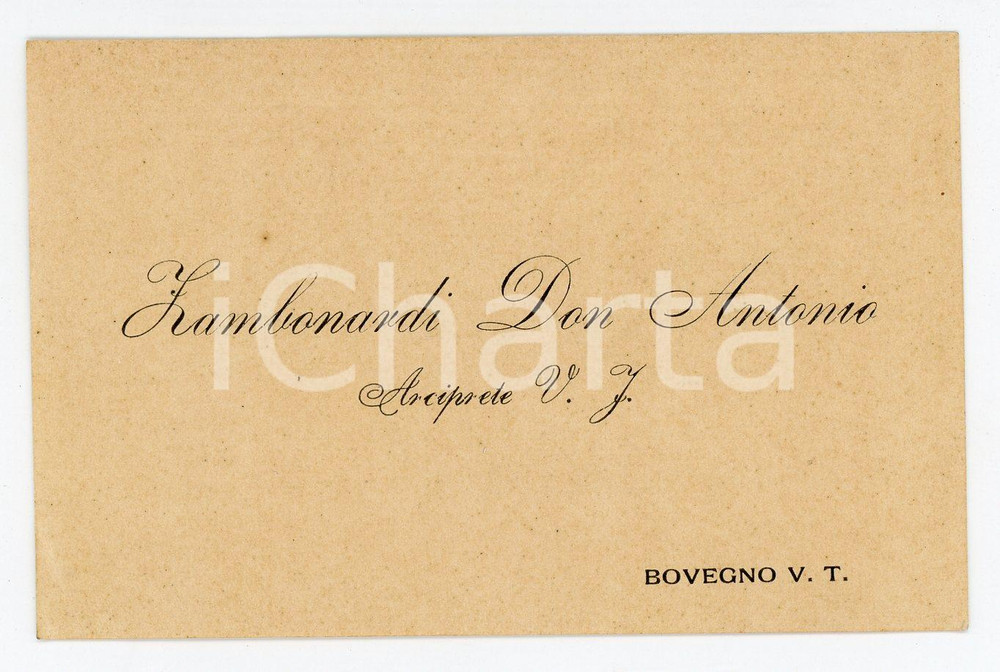 1938 BOVEGNO Don Antonio ZAMBONARDI Arciprete - Biglietto da visita AUTOGRAFO Biglietto da visita d'epoca. Con testo autografo al verso. FAIR/discreto bruniture Formato: 10x7 cm originale e autentica 1