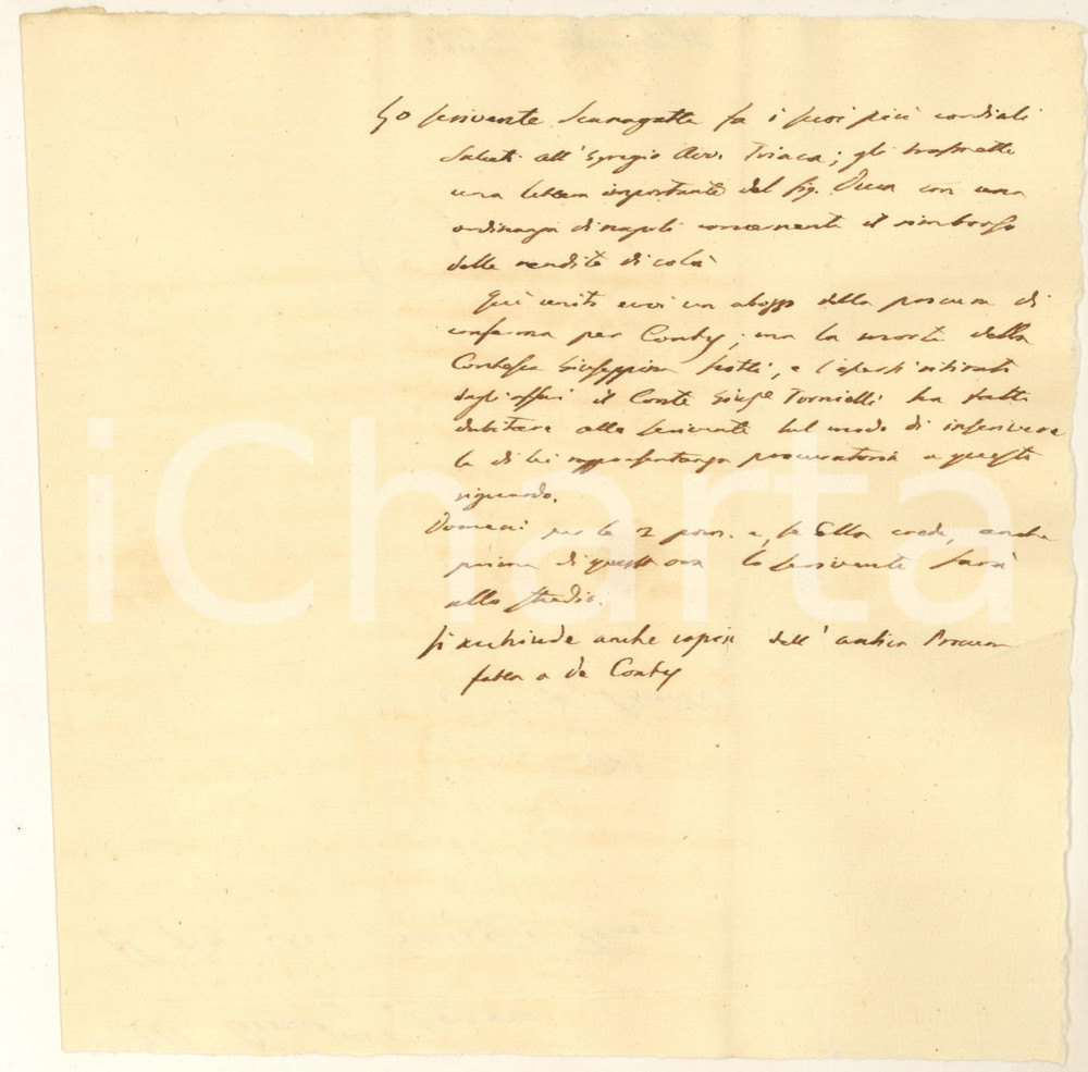 1844 MILANO Lettera avv. SCANAGATTA - Morte contessa Giuseppina SCOTTI Autografo Lettera autografa dell'avvocato V. Scanagatta, che dubita dell'inserimento come procuratore del suo destinatario dopo la morte della contessa Scotti e il ritiro dagli affari del conte Giuseppe Tornielli.PAGINE: 1 FAIR/discreto piegature d'epoca Formato: 20x20 cm originale e autentica 1