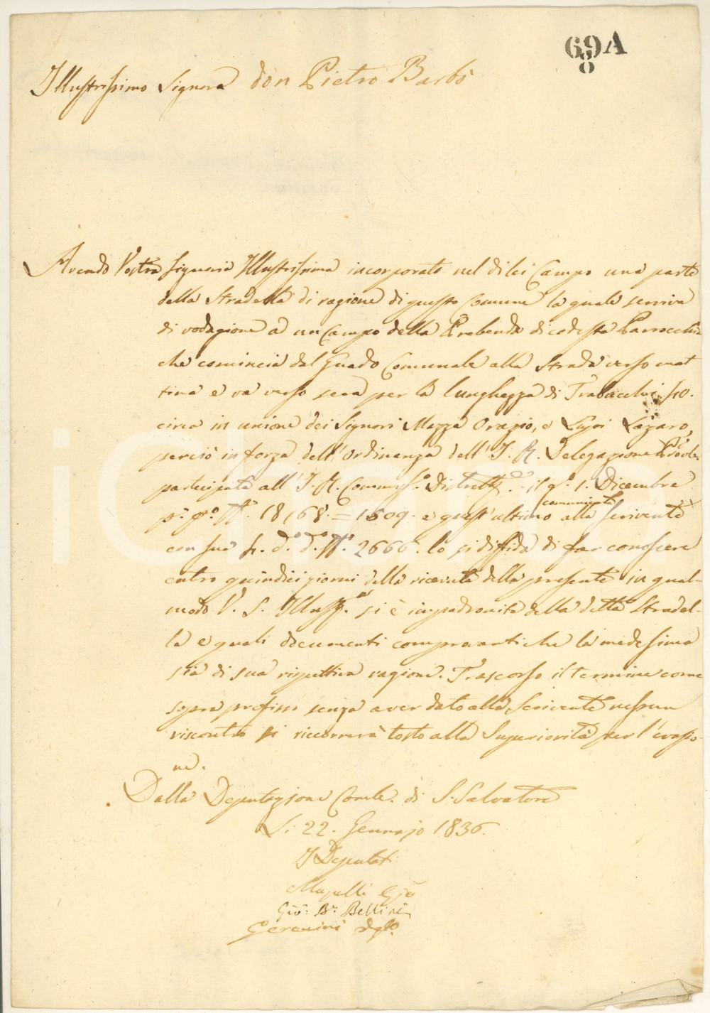 1836 SAN SALVATORE Conte Pietro BARBO' si impadronisce di strada comunale Interessante lettera manoscritta, originale d'epoca, inviata dalla Deputazione Comunale di San Salvatore al nobile don Pietro Barbò, che si era appropriato di una stradella pubblica confinante con la sua proprietà:"... V. S. illustrissima si è impadronita della detta stradella e quali documenti comprovanti che la medesima sia di sua rispettiva ragione...".PAGINE: 4 (1 scritta) FAIR/discreto lievi piegature d'epoca e gualciture marginali Formato: 21x30 cm originale e autentica 1