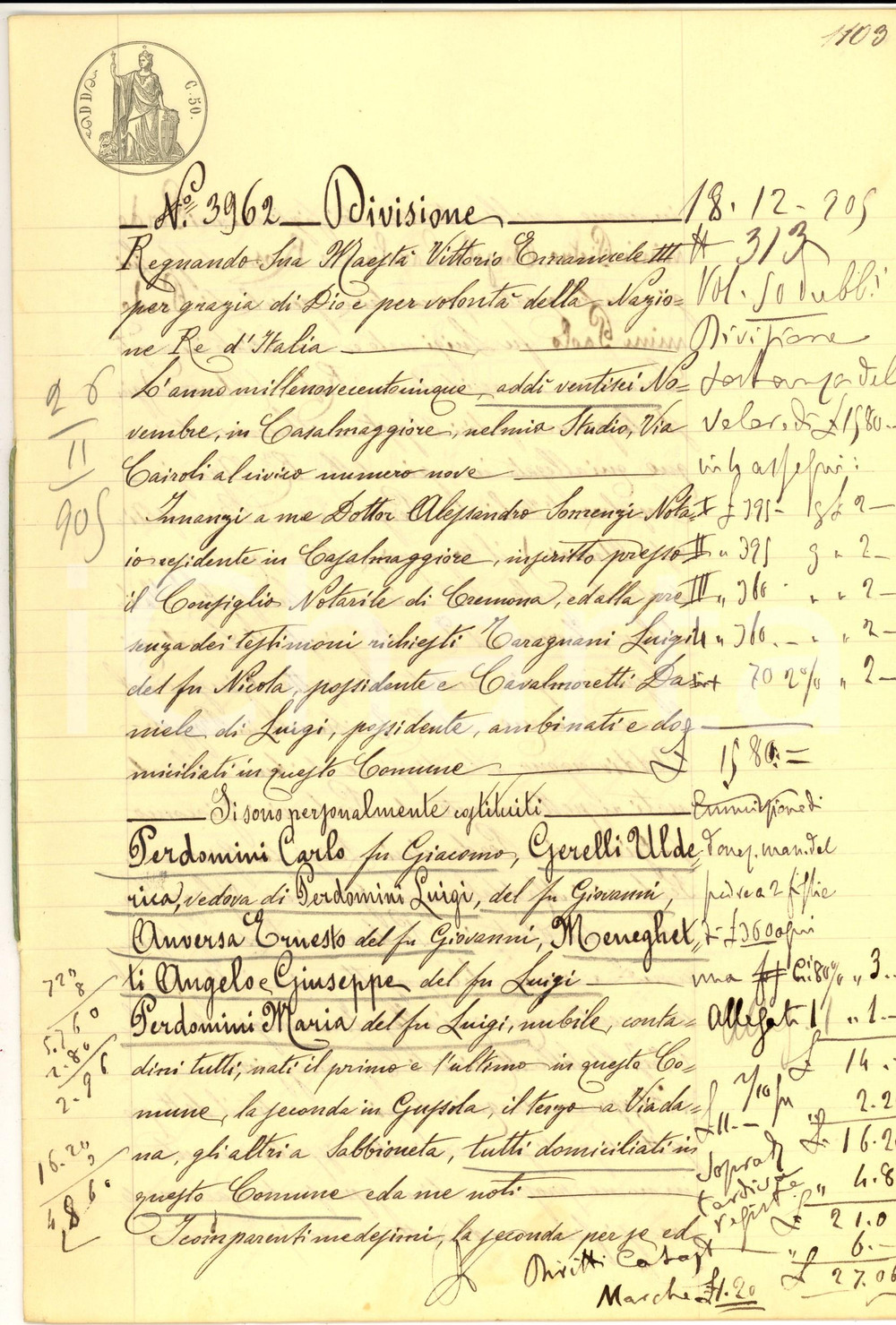 Documento originale, autentico 1905 CASALMAGGIORE CR Divisione sostanza abbandonata di Giacomo PERDOMINI 1