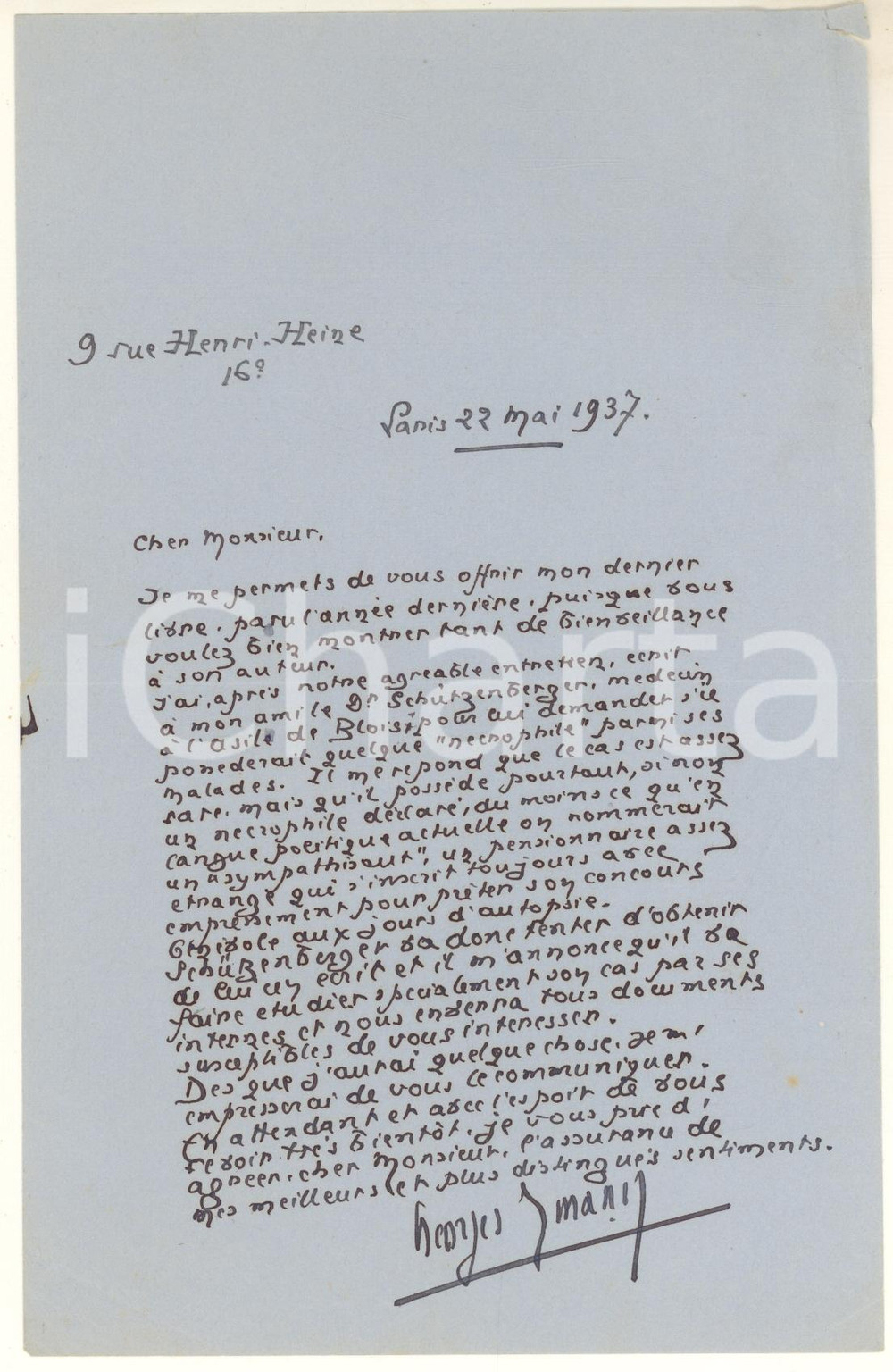 Autografo originale 1937 PARIS Scrittore Georges IMANN invia il suo ultimo libro AUTOGRAFO 1