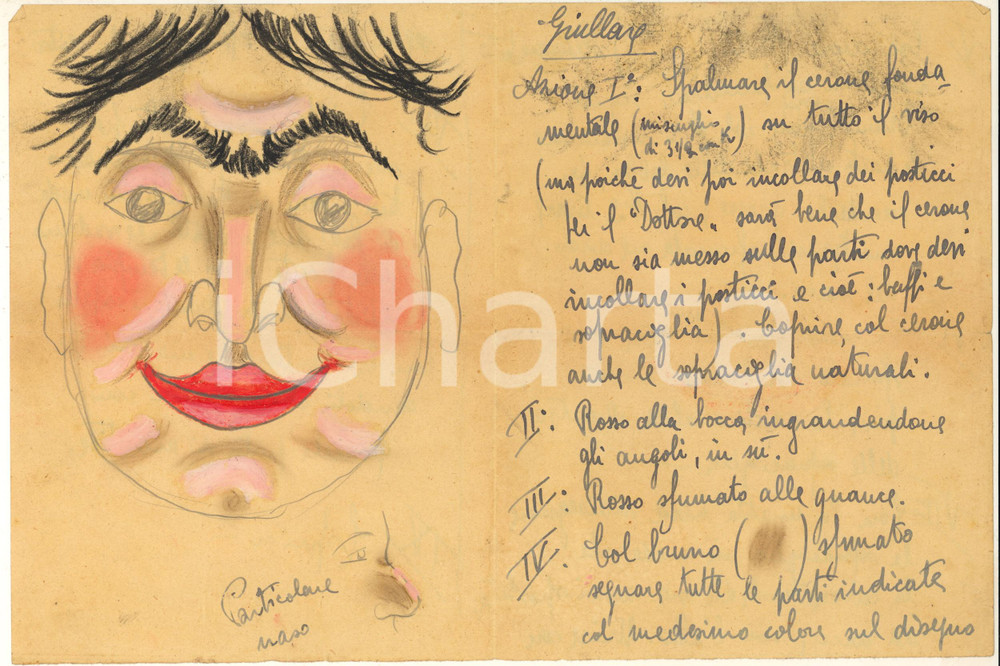 1940 ca ROMA Antonio MARINI - Trucco per giullare *Disegno e testo AUTOGRAFO Raro e interessante manoscritto, su quattro facciate, con disegno originale realizzato e colorato a mano.Si tratta di un lavoro di Antonio Marini, celebre truccatore del Regio Teatro dell'Opera di Roma, che spiega come realizzare un trucco di scena per giullare. GOOD/buono piegature d'epoca Formato: 16x21 cm originale e autentica 1