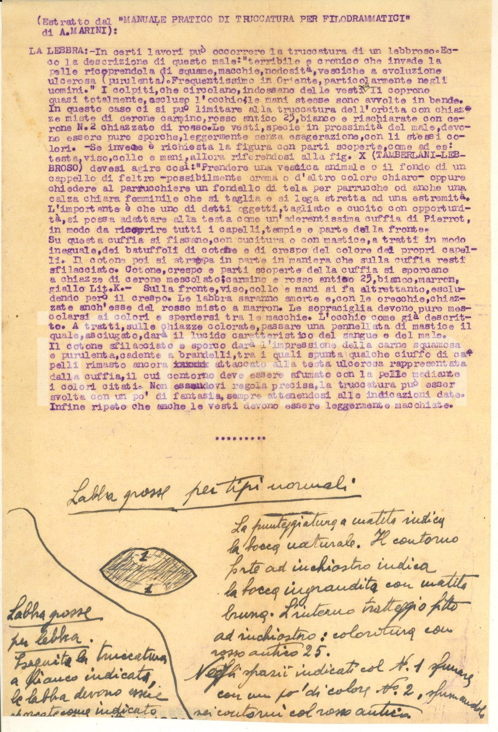 1936 ROMA Antonio MARINI - Trucco artistico per la lebbra *AUTOGRAFO Lettera dattiloscritta, con firma autografa, di Antonio Marini, celebre truccatore del Regio Teatro dell'Opera di Roma.Marini invia al suo destinatario una descrizione delle modalità di realizzazione del trucco per la lebbra, con note autografe e firma.PAGINE: 2 FAIR/discreto piegature d'epoca Formato: 22x28 cm originale e autentica 1