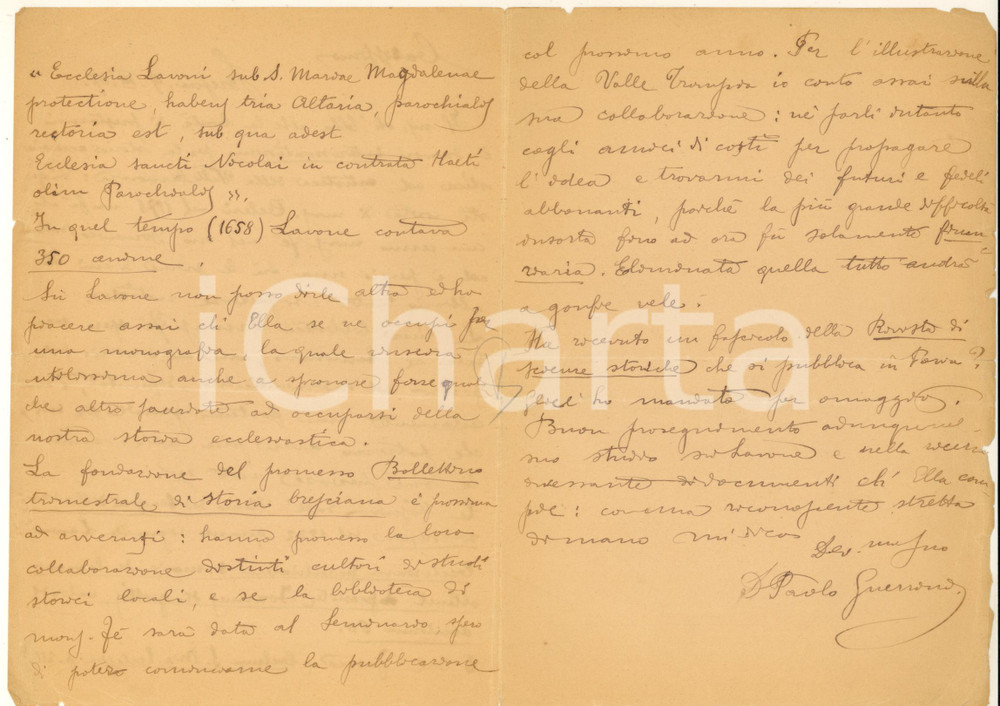 1907 BRESCIA Don Paolo GUERRINI spera nella biblioteca di mons. Fè *AUTOGRAFO Lettera autografa di don Paolo Guerrini, sacerdote e studioso di storia locale.Don Guerrini si augura che la biblioteca di mons. Fè d'Ostiani sia destinata al Seminario, poiché di grande utilità per gli studi.PAGINE: 4 (1 bianca) POOR/danneggiato piegature d'epoca; strappi marginali Formato: 14x21 cm originale e autentica 1