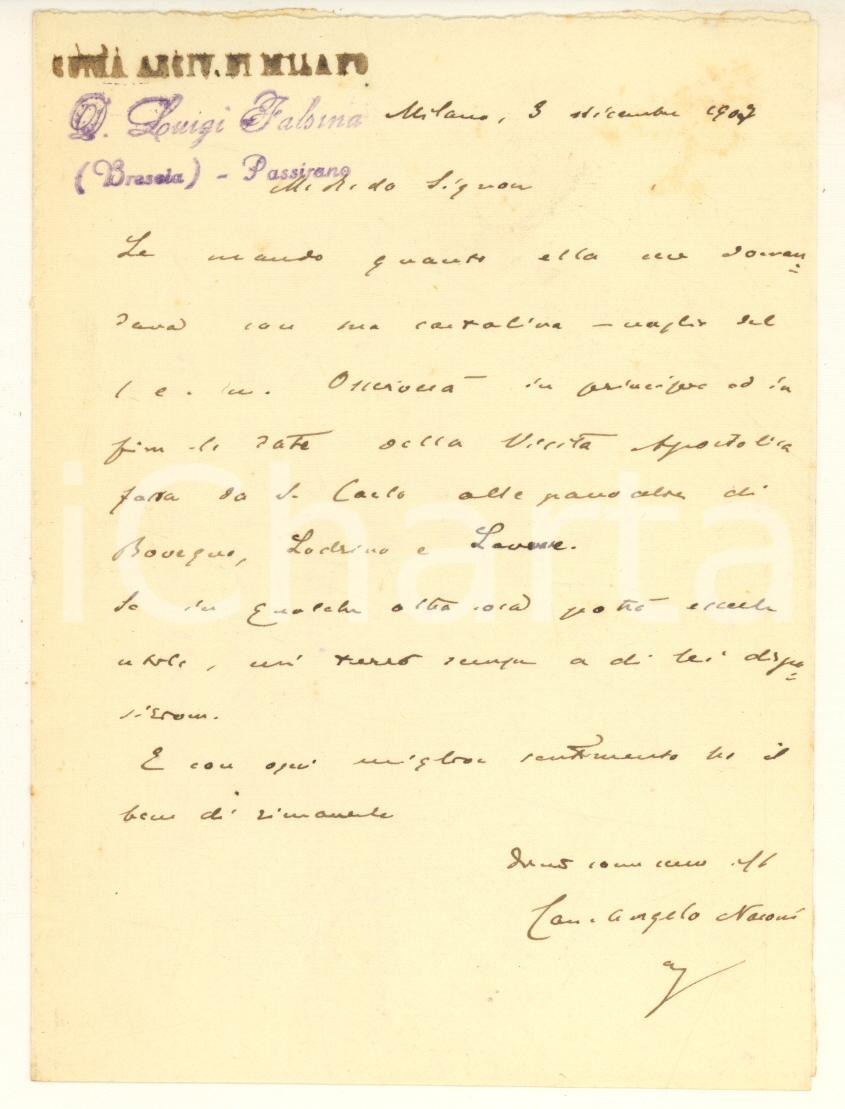 1907 MILANO Curia Arcivescovile - Lettera mons. Angelo NASONI *AUTOGRAFO Lettera autografa di mons. Angelo Nasoni in risposta a un collega che gli aveva chiesto probabilmente materiali di studio.Su carta intestata.PAGINE: 4 (1 scritta) GOOD/buono  Formato: 10x14 cm originale e autentica 1