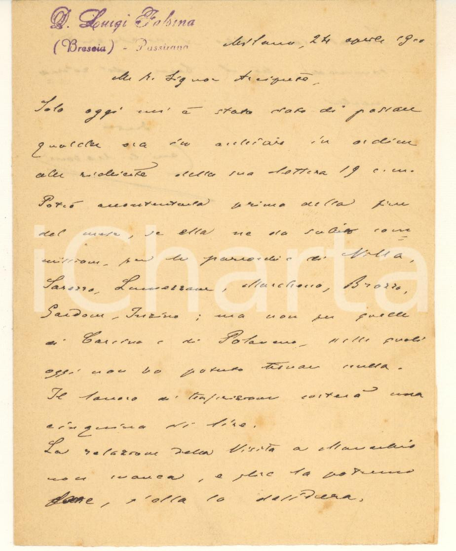 1906 MILANO Lettera mons. Angelo NASONI per documenti *AUTOGRAFO Lettera autografa di mons. Angelo Nasoni in risposta a un collega che gli aveva chiesto probabilmente materiali di studio e documenti.Su carta intestata.PAGINE: 4 (2 scritte) GOOD/buono  Formato: 10x14 cm originale e autentica 1