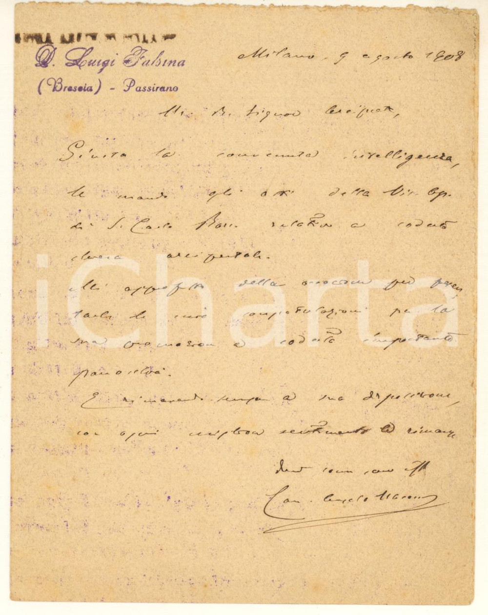 1908 MILANO Mons. Angelo NASONI - Congratulazioni a un collega *AUTOGRAFO Lettera autografa di mons. Angelo Nasoni, che si congratula con un collega per la recente nomina.Su carta intestata.PAGINE: 4 (1 scritta) GOOD/buono  Formato: 12x15 cm originale e autentica 1
