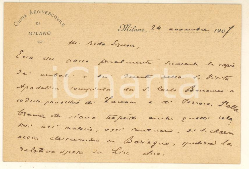 1907 MILANO Biglietto mons. Angelo NASONI su visita S. Carlo Borromeo *AUTOGRAFO Biglietto autografo di mons. Angelo Nasoni, intestato "Curia Arcivescovile di Milano".Scritto su entrambe le facciate. GOOD/buono  Formato: 10x7 cm originale e autentica 1
