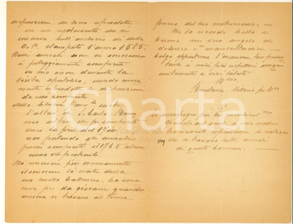 1913 BOVEGNO Lettera Vittorio BRENTANA su visita S. Carlo Borromeo *Autografo Lettera autografa del cav. Vittorio Brentana, medico veterinario e cultore di storia locale, relativa alla documentazione esistente su una visita pastorale di S. Carlo Borromeo del 1580.PAGINE: 8 (3 bianche) FAIR/discreto piegature d'epoca Formato: 14x21 cm originale e autentica 1