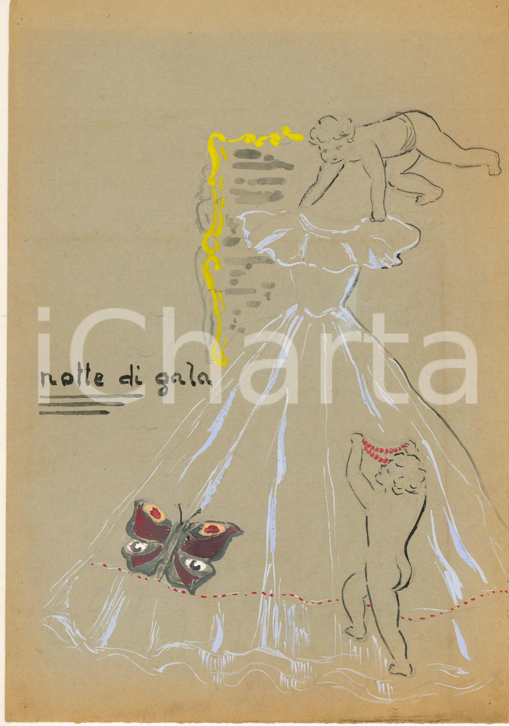 1950 ca ARTE Notte di gala - Bozzetto disegnato a mano *21x30 cm Bozzetto originale d'epoca, disegnato e colorato a mano. GOOD/buono  Formato: 21x30 cm originale e autentica 1