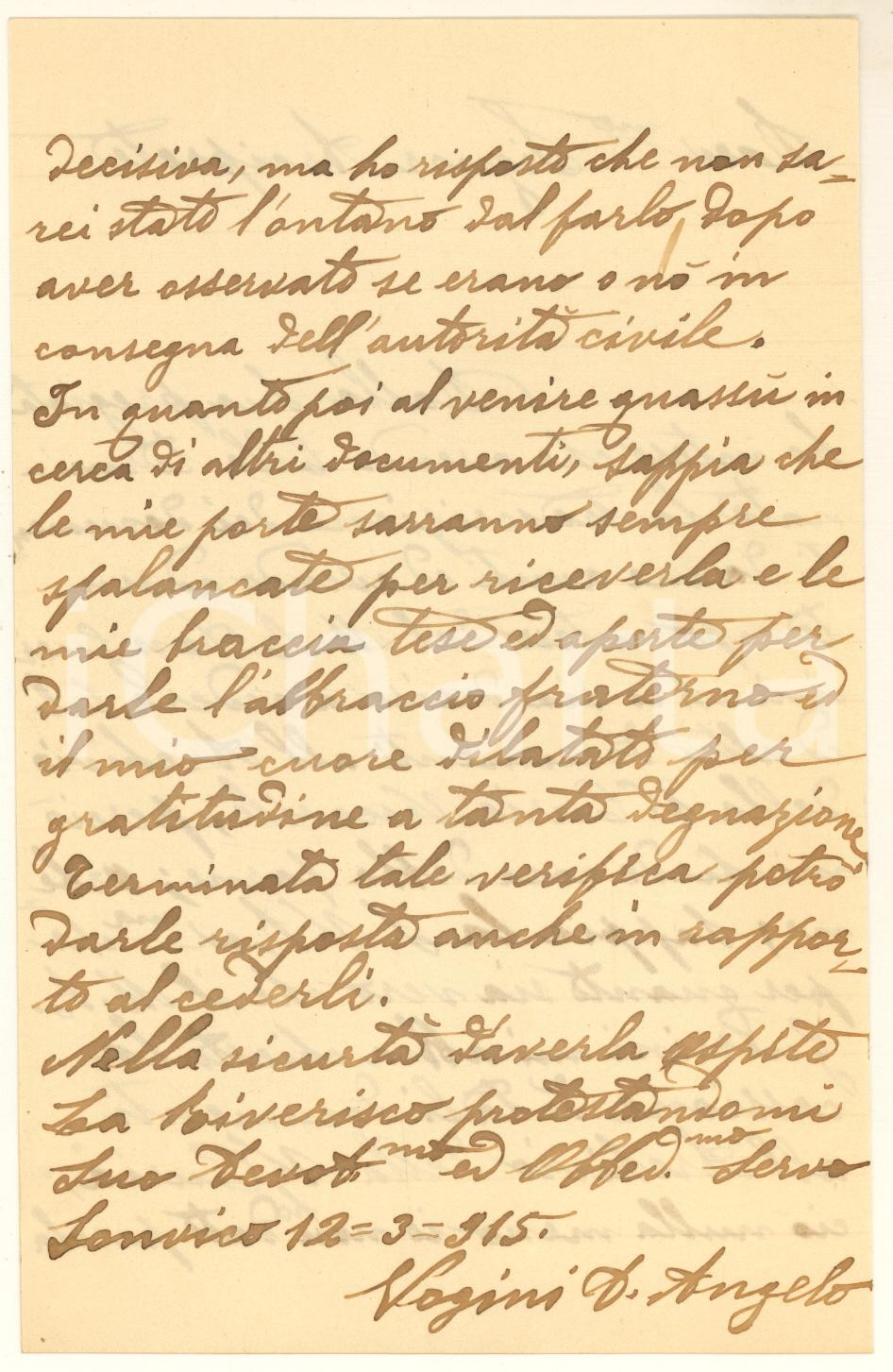 1915 SONVICO (BS) Lettera don Angelo VOGINI su cessione documenti *Autografo Lettera autografa del sacerdote.PAGINE: 4 (2 bianche) FAIR/discreto piegature d'epoca Formato: 14x21 cm originale e autentica 1