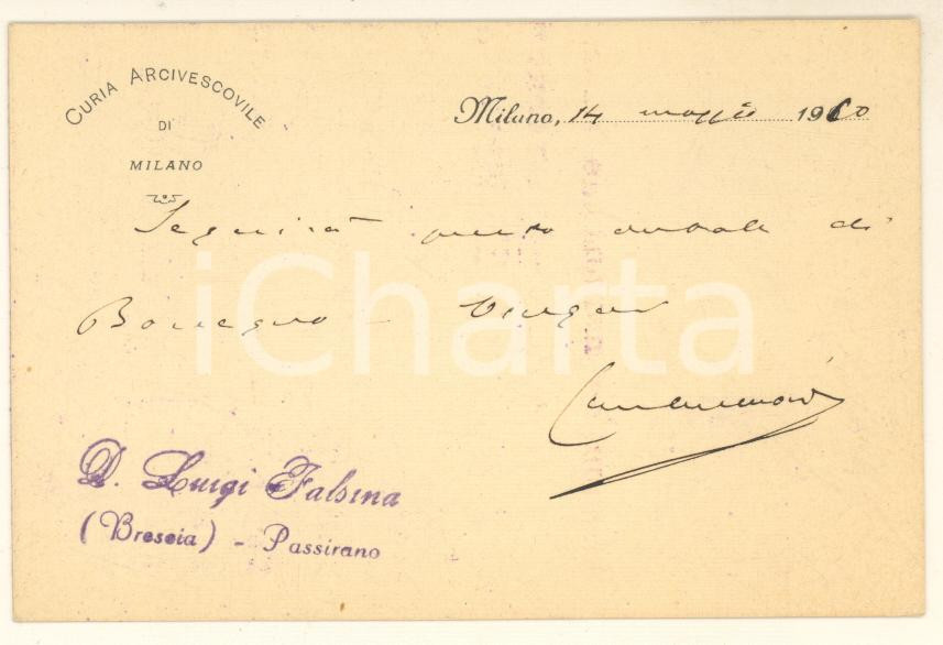 1910 MILANO Biglietto mons. Angelo NASONI - Curia Arcivescovile *AUTOGRAFO Biglietto autografo di mons. Angelo Nasoni, intestato "Curia Arcivescovile di Milano". GOOD/buono  Formato: 10x7 cm originale e autentica 1