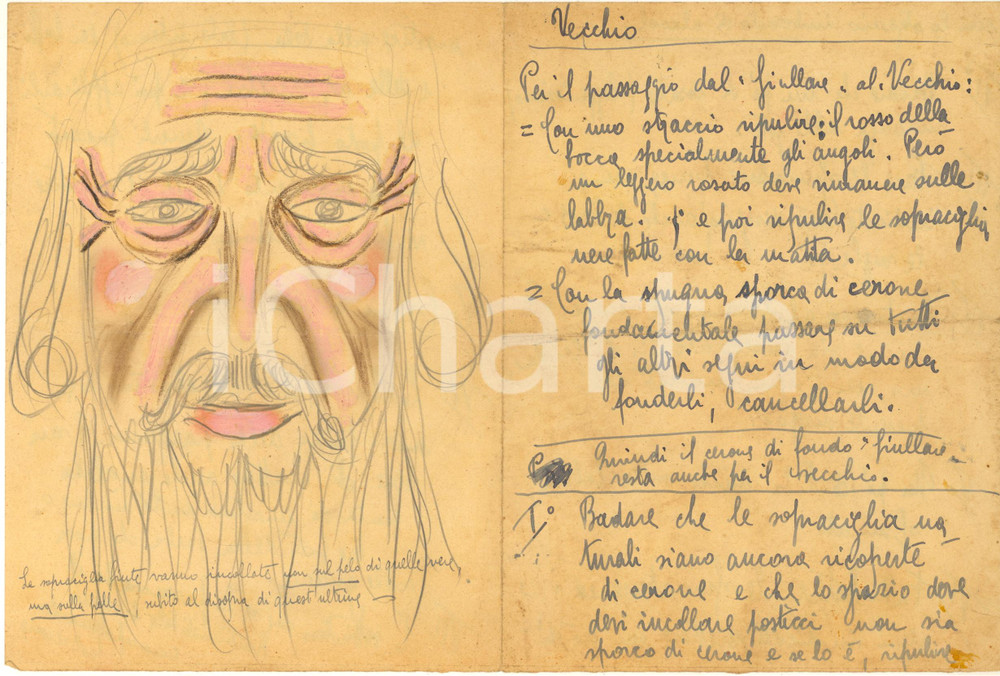 1940 ca ROMA Antonio MARINI - Trucco per vecchio *Disegno e testo AUTOGRAFO Raro e interessante manoscritto, su quattro facciate, con disegno originale realizzato e colorato a mano.Si tratta di un lavoro di Antonio Marini, celebre truccatore del Regio Teatro dell'Opera di Roma, che spiega come realizzare un trucco di scena per vecchio. FAIR/discreto piegature d'epoca Formato: 16x21 cm originale e autentica 1