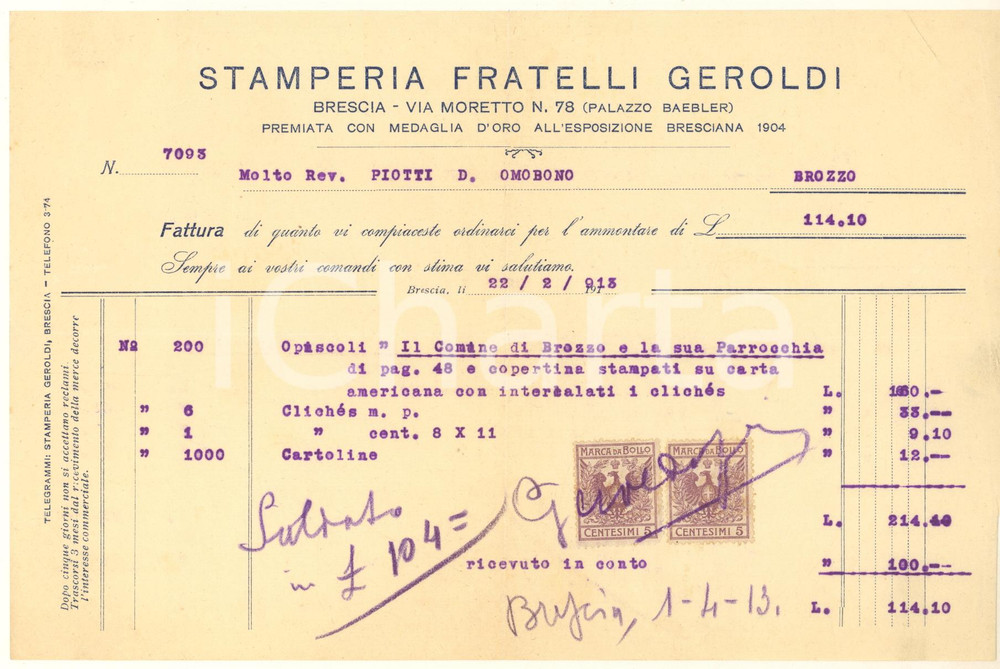 1913 BRESCIA Stamperia FRATELLI GEROLDI - Fattura per opuscoli Fattura a stampa, originale d'epoca. FAIR/discreto piegature d'epoca  originale e autentica 1