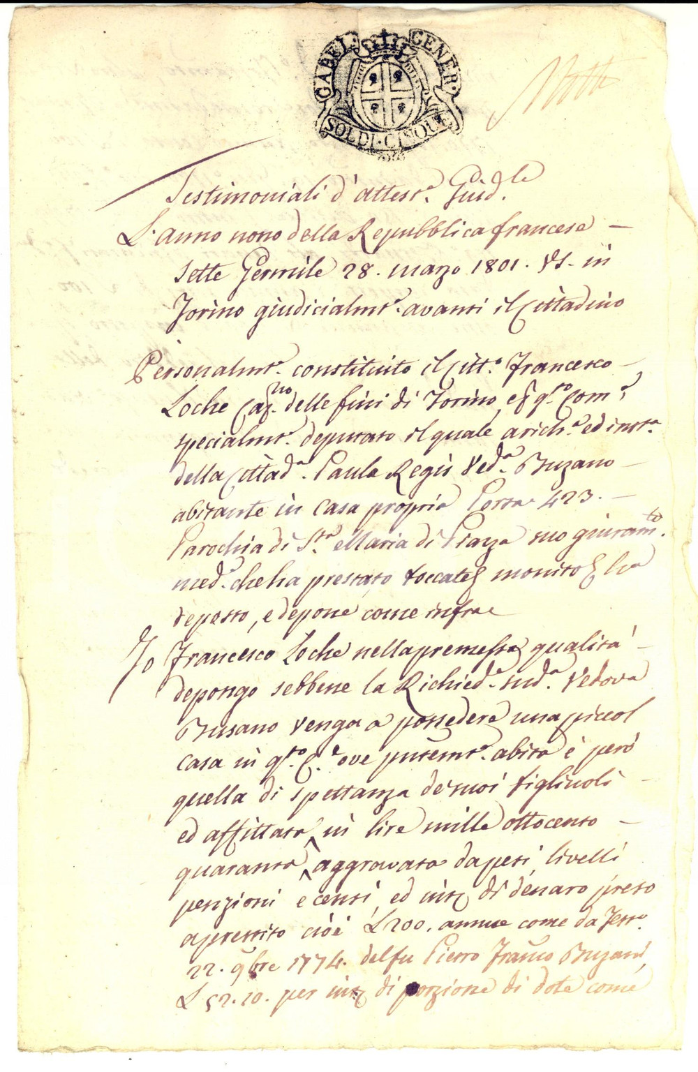 Documento originale, autentico 1801 REPUBBLICA FRANCESE TORINO PovertÃ  della vedova Paola REGIS BUZANO 1