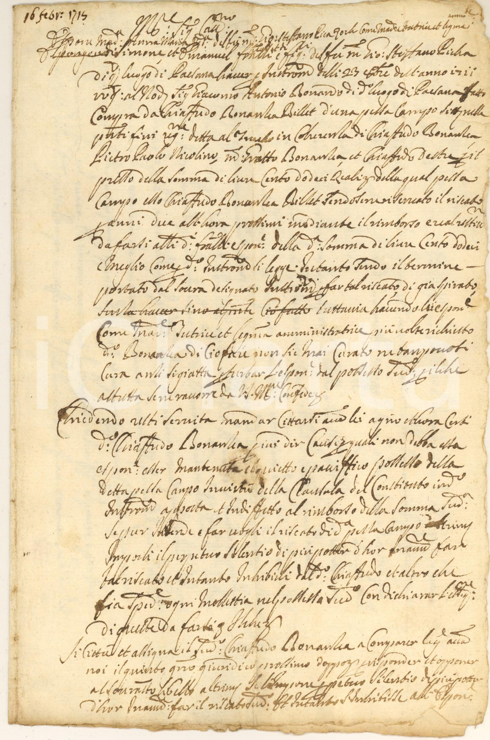 Documento originale, autentico 1715 PAESANA (CN) Sull'acquisto di terra di Giovanni PICHA da Chiaffredo BILLET 1