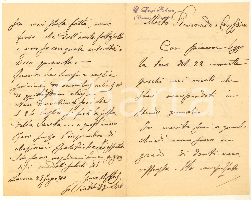 1910 LAVONE /PEZZAZE Don Giovanni VIOTTI su S. Carlo Borromeo patrono *Autografo Lettera autografa del sacerdote, relativa alla possibilità che San Carlo Borromeo fosse compatrono della parrocchia.PAGINE: 4 FAIR/discreto piegature d'epoca Formato: 11x18 cm originale e autentica 1