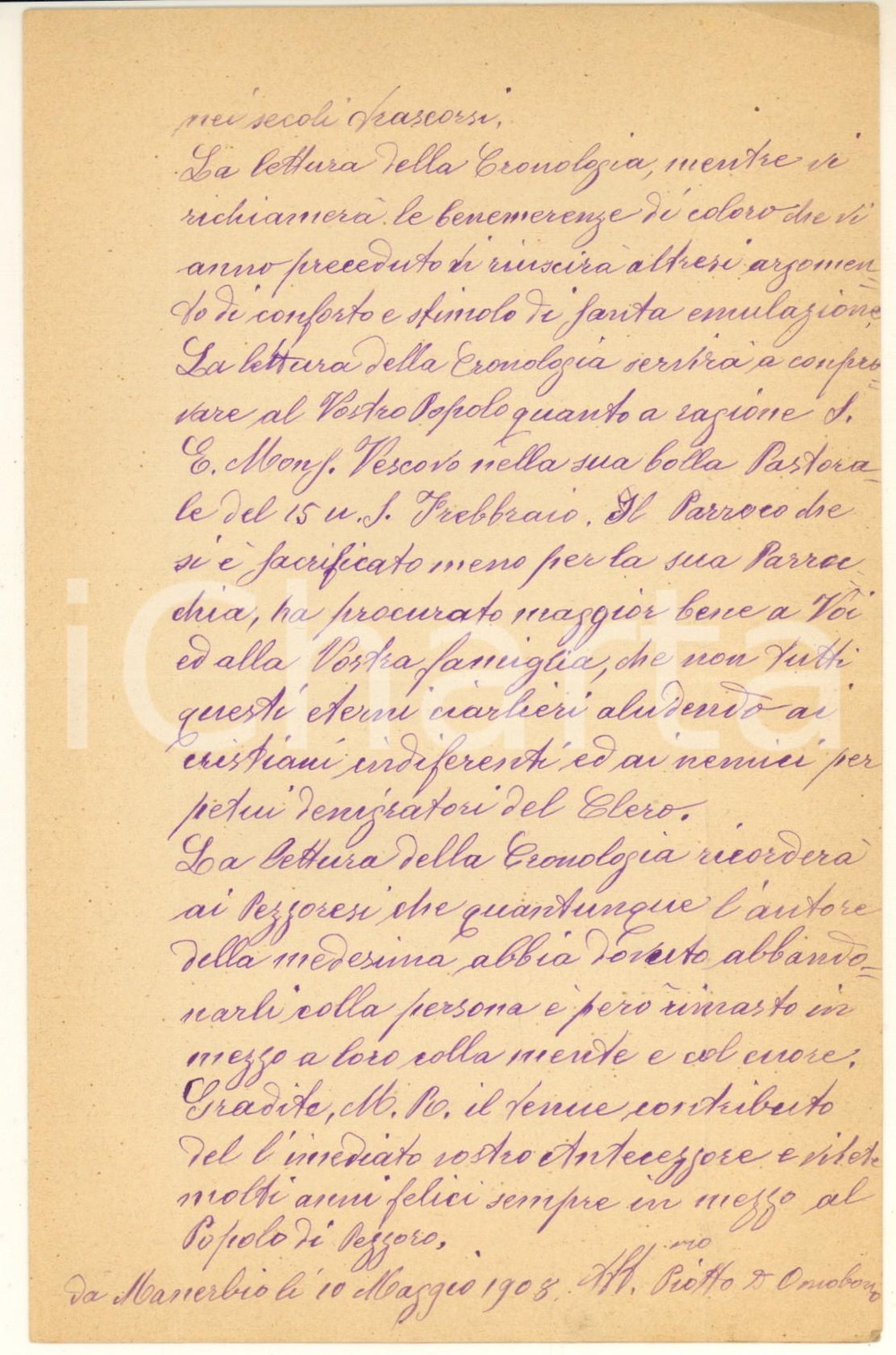 1908 MANERBIO (BS) Don Omobono PIOTTI su indagini a Pezzoro *Autografo Lettera autografa del sacerdote e studioso, che annuncia l'invio della sua "Cronologia", terminata dopo gli studi e le indagini effettuate a Pezzoro.PAGINE: 4 FAIR/discreto piegature d'epoca Formato: 11x18 cm originale e autentica 1