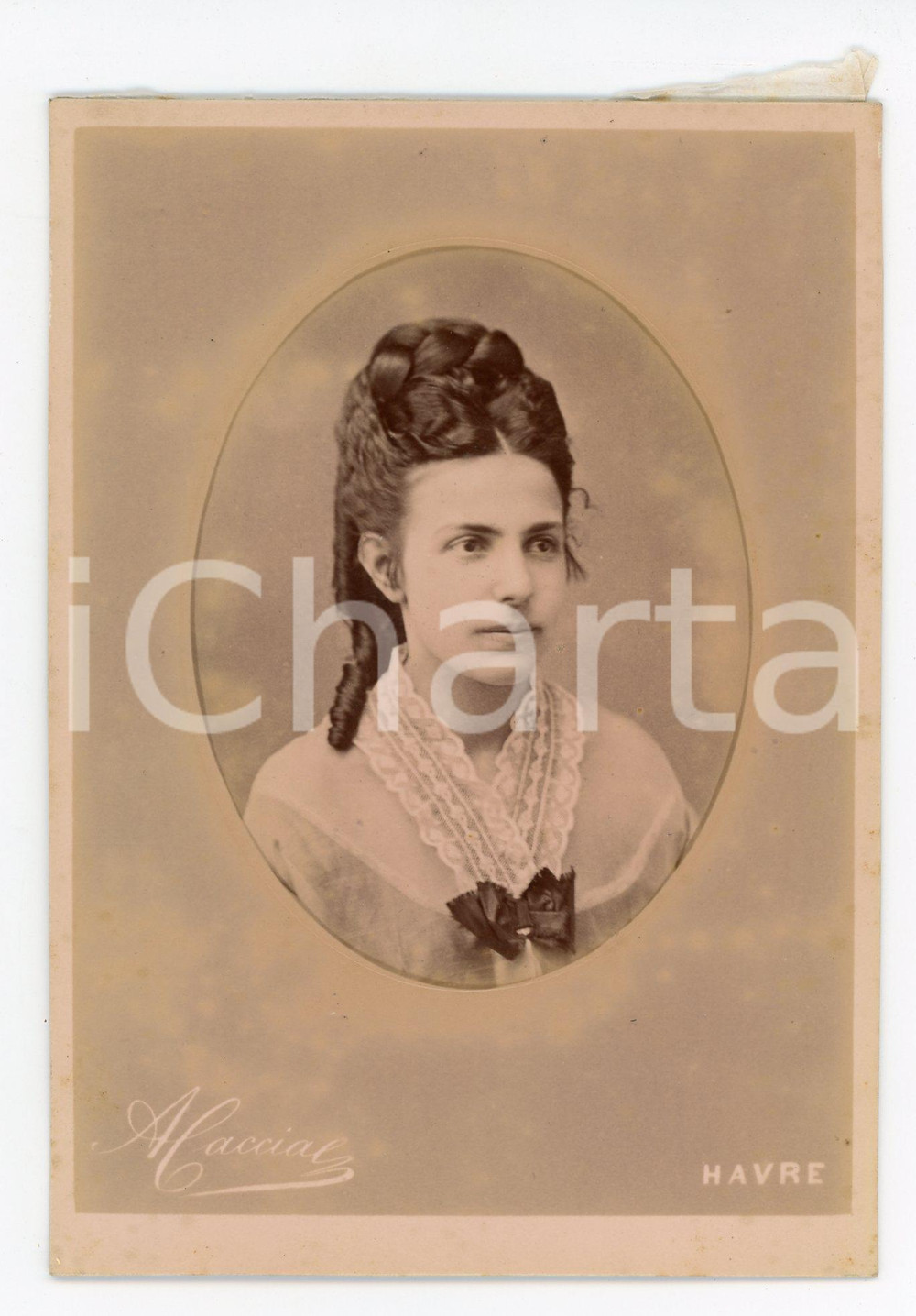 Fotografia d epoca originale 1890 ca LE HAVRE F Ritratto di giovane donna  Foto A. CACCIA 10x15 cm 1 1