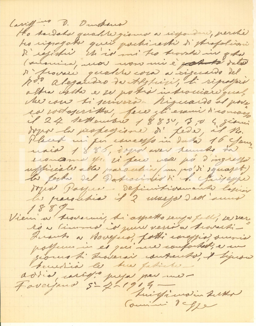 1904 FAVERZANO Don Giuseppe COMINI - Notizie a don Omobono Piotti *Autografo Lettera autografa, originale d'epoca, nella quale don Comini dà notizie sulle tappe della propria professione e sulla ricerca di notizie su don Alessandro Alghisi.PAGINE: 1 FAIR/discreto piegature d'epoca Formato: 20x27 cm originale e autentica 1