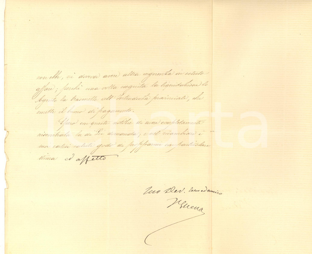 1880 ROMA Ministero delle Finanze - Lettera Vittorio ELLENA *Autografo Lettera in grafia di segretario, con firma autografa di Vittorio Ellena, relativa alla liquidazione di un rimborso per Vittorio Ferri, vicepresidente della Camera di Commercio di Milano.Su carta intestata con timbro a secco.PAGINE: 4 (1 scritta) FAIR/discreto piegature d'epoca; gualciture marginali Formato: 18x23 cm originale e autentica 1