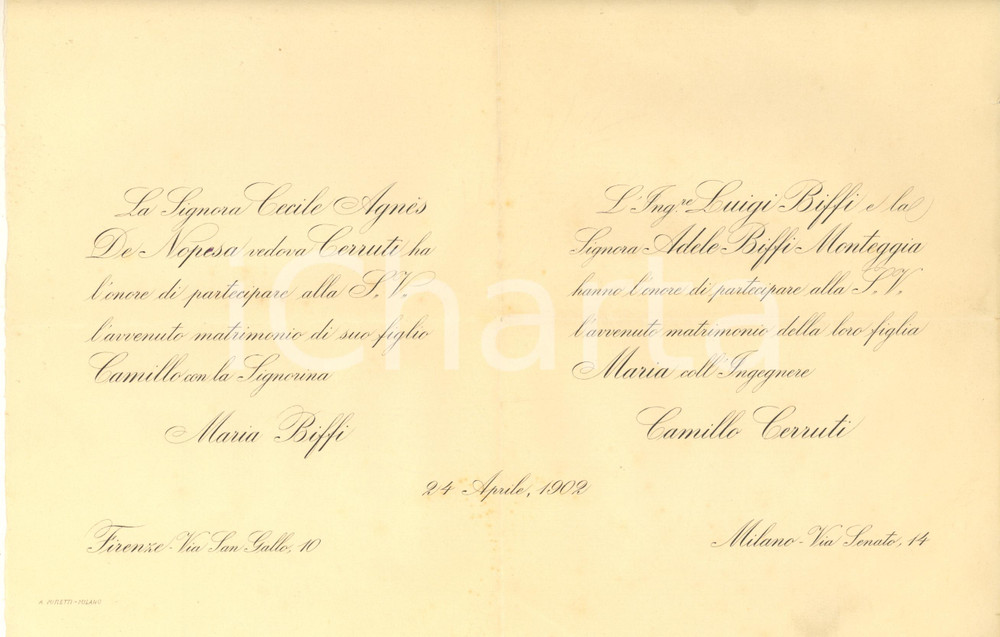 1902 MILANO Nozze ing. Camillo CERRUTI - Maria BIFFI *Partecipazione Partecipazione a stampa, originale d'epoca. FAIR/discreto piegature d'epoca Formato: 32x23 cm (aperta) originale e autentica 1