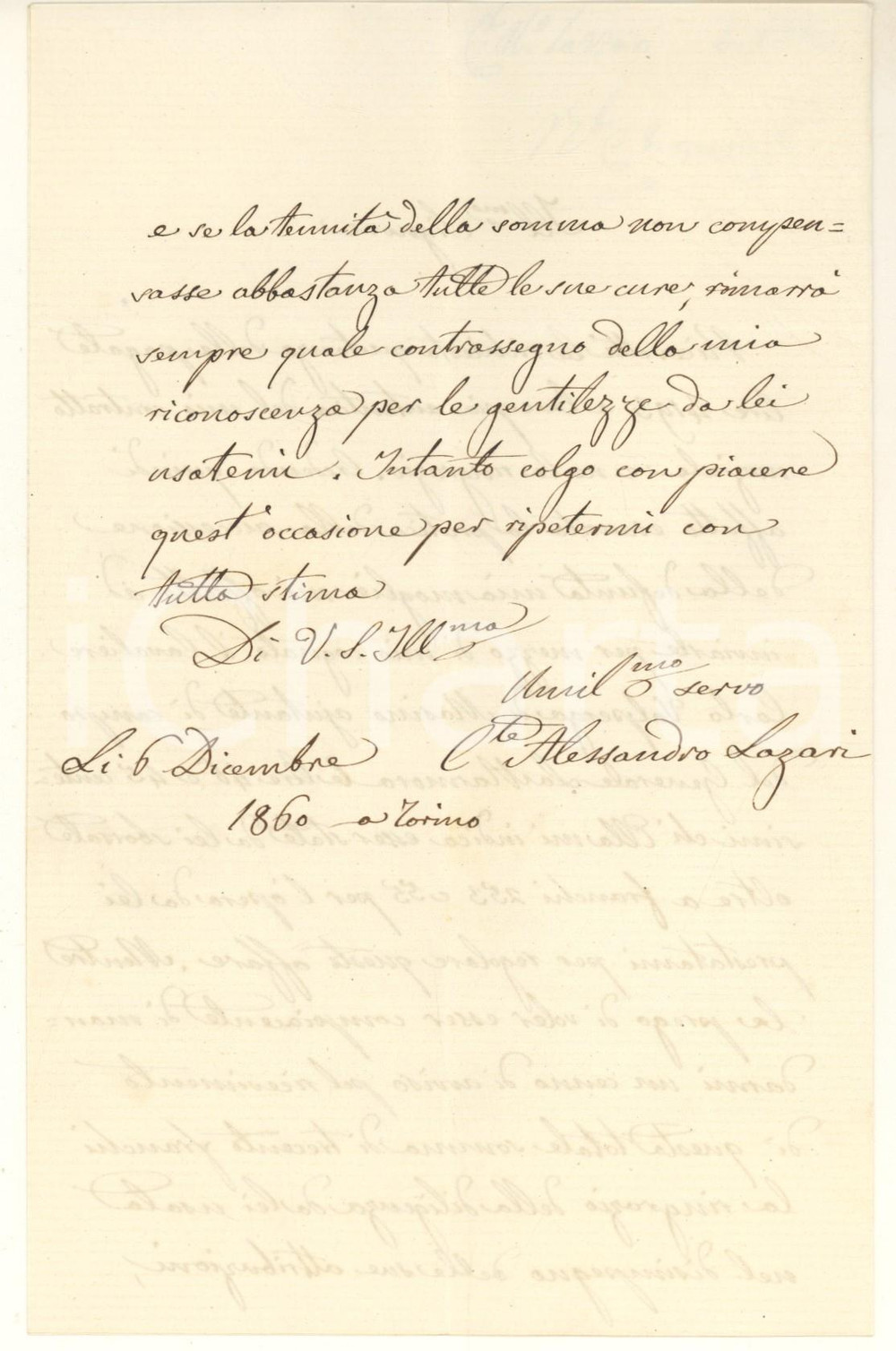 1860 TORINO Conte Alessandro LAZARI - Successione defunta moglie *Autografo Lettera autografa del conte Alessandro Lazari, relativa alle pratiche di successione della defunta moglie.PAGINE: 4 (2 bianche) FAIR/discreto piegature d'epoca Formato: 13x21 cm originale e autentica 1