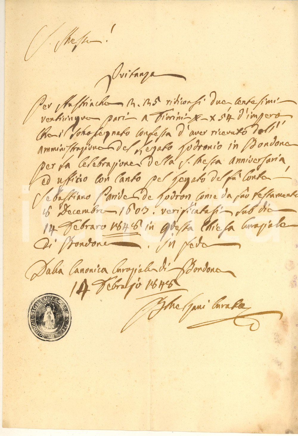 1848 BONDONE (TN) Ricevuta per messa suffragio conte Sebastiano Paride LODRON Documento manoscritto, originale d'epoca, con timbro della chiesa parrocchiale che raffigura la Vergine Maria.PAGINE: 4 (1 scritta) POOR/danneggiato piegature d'epoca; macchie di umidità ai margini Formato: 21x30 cm originale e autentica 1